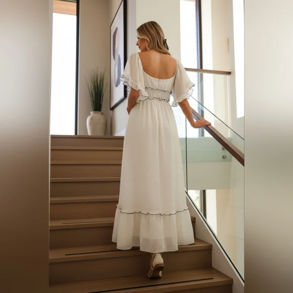 Flutter Sleeve Ruffled Empire Waist Square Neck Contrast Trim Tiered Maxi Dress - Picture 8 of 14